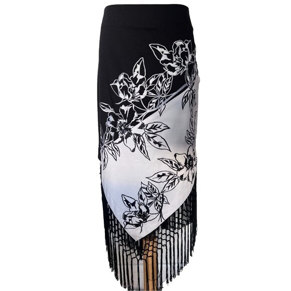 Vintage Caché ASYMMETRICAL Skirt Size 8 Black & White Fringe Floral Embroidery - Picture 3 of 16
